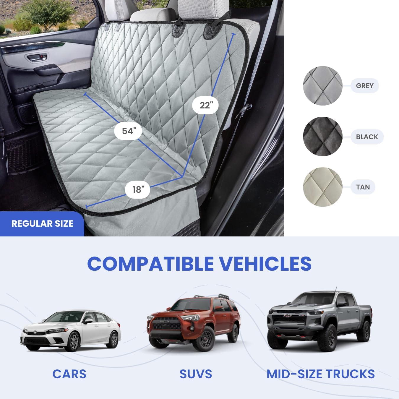 4Knines Back Seat Pet Cover for Dogs w/o Hammock – 54" Wide, Waterproof Car Seat Cover, Non-Slip, Heavy-Duty – Fits Cars, SUVs, Small Trucks – 2 Seat Belt & Latch Access – Back Seat Protector (Black) - Image 2