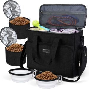 BAGLHER Dog Travel Bag, Airline Approved Pet Tote Organizer with Multi-Function Pockets, 2 X Food Storage Containers and 2 X Collapsible Dog Bowls, Perfect Weekend Pet Travel Set for Dog, Cat Black