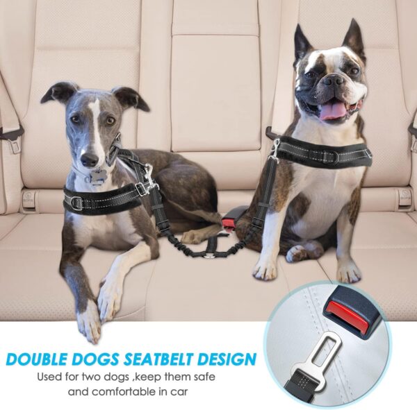 SlowTon Dog Seat Belt, Double Dog Seatbelt Adjustable Vehicle Safety Leash with Elastic Bungee Buffer, Reflective No Tangle Y Shape Two Dog Harness Seat Belt Splitter for Pets Car Trip (Black, M) - Image 2