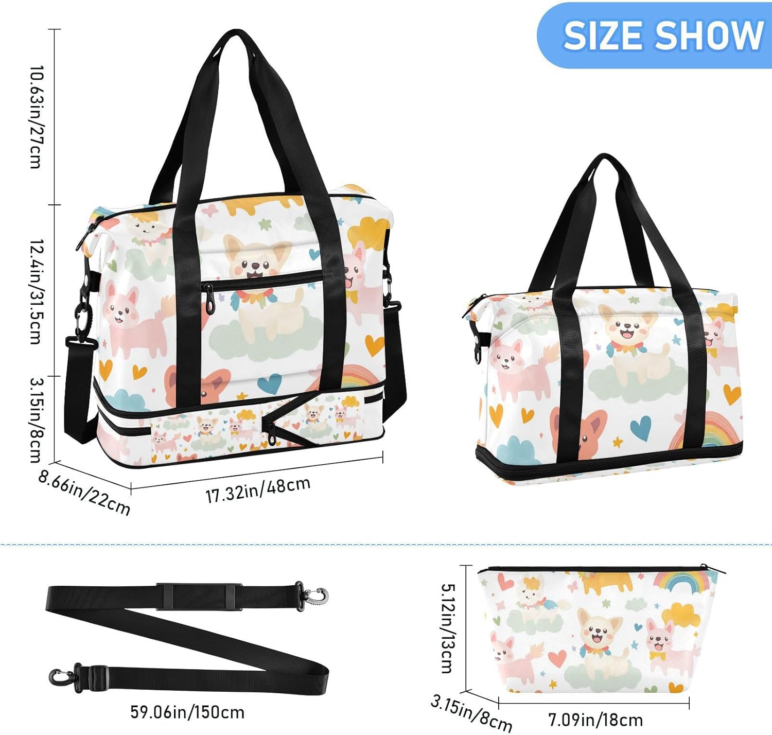 Cartoon Cute Colorful Dog Rainbow Sports Tote Gym Bag Travel Weekender Gear Bag with Adjustable Strap for Yoga Waterproof - Image 3
