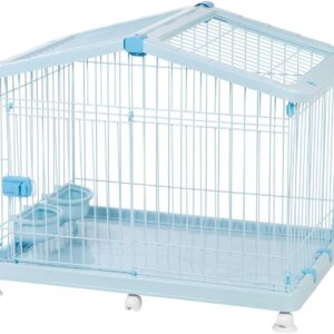 IRIS USA Wire Pet Crate Portable with Top Access and Wheels, Easy Assembly Movable Floor Protection Small Pet Crate with Food and Water Dishes for Cats Puppy Small Animals, Blue