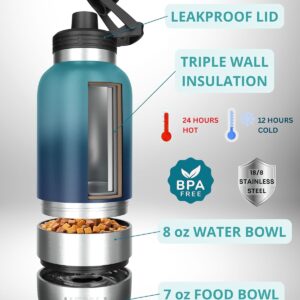 Dog Water Bottle Insulated Dog Travel Water Bottle Stainless Steel Pet Water Bottle Dispenser Portable Food and Water Bowl for Dogs with Carrying Case for Walking Dog Travel Kit… (Green Blue, 32 oz)