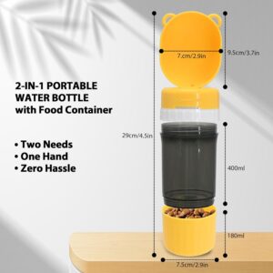 2-in-1 Pet Travel Water Bottle & Food Container – 14 oz Water + 6 oz Food Dispenser, Leak-Proof Portable Dog Water Bottle Bowl for Walking, Hiking, Camping Yellow