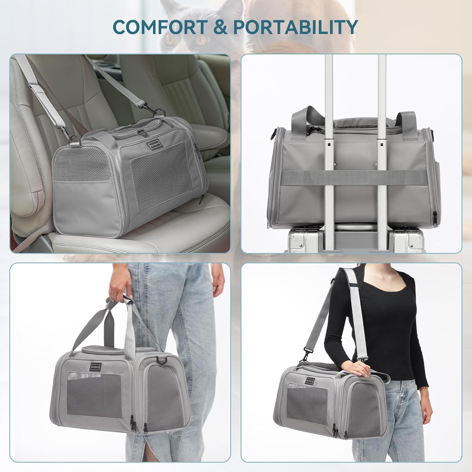 PETSFIT Cat Carrier Airline Approved, Soft Carrier for Small and Medium Cats Under 12 Lbs, Soft Cat Travel Bag, Kitten Carrier with Extendable Mat, Grey - Image 4