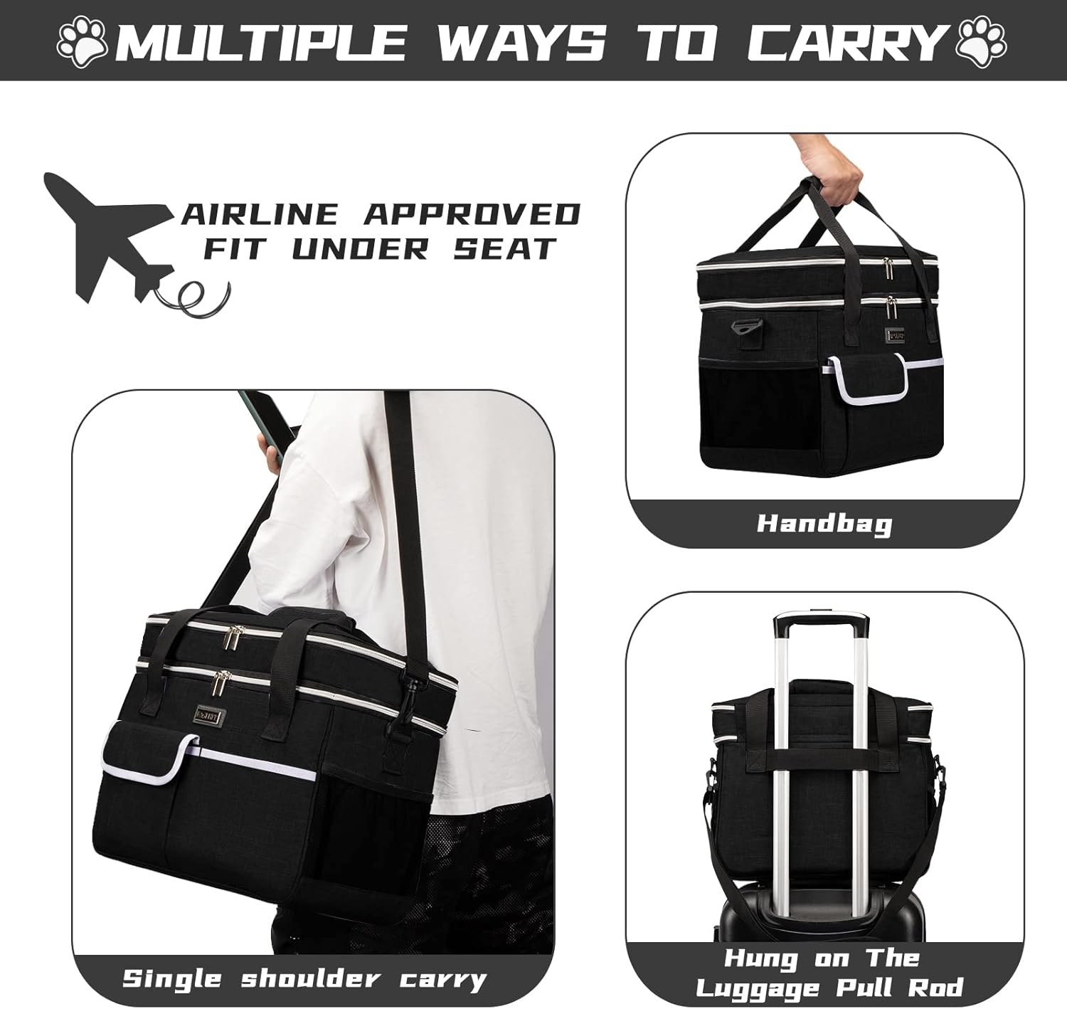 BAGLHER Dog Travel Bag for Supplies - Double-Layer Airline Approved Weekend Pet Travel Organizer Set for Dog and Cat Tote with 2 Pet Food Containers and 2 Collapsible Silicone Bowls Black - Image 6