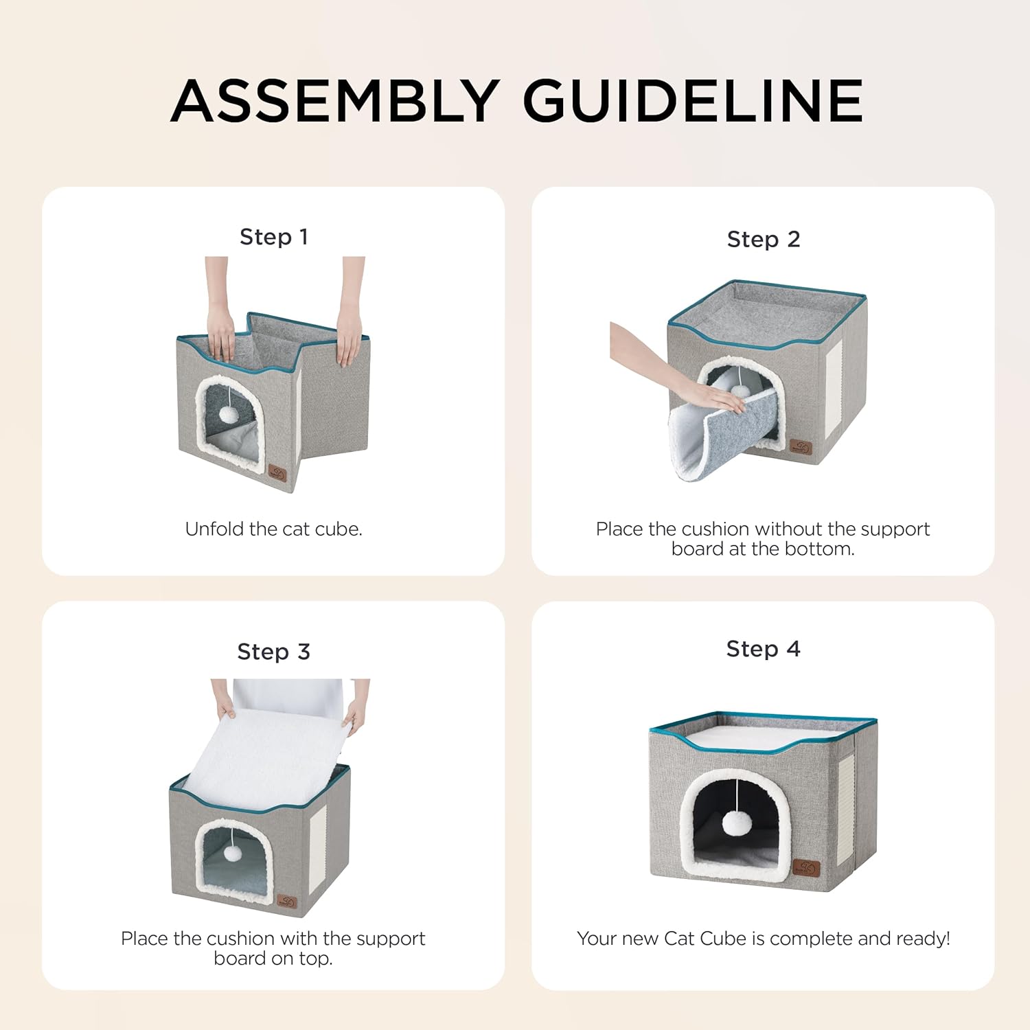 Bedsure Cat Beds for Indoor Cats - Large Cat Cave for Pet Cat House with Fluffy Ball Hanging and Scratch Pad, Foldable Cat Hideaway, 16.5x16.5x13 inches, Grey - Image 7