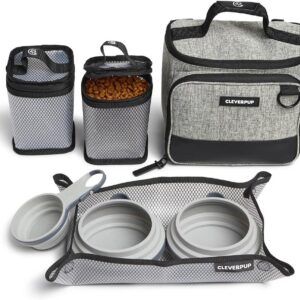 Ultimate Dog Travel Bundle Small 7-Piece Bistro Box Dog Food Travel Kit & Porter Dog Gear Backpack in Heather Grey