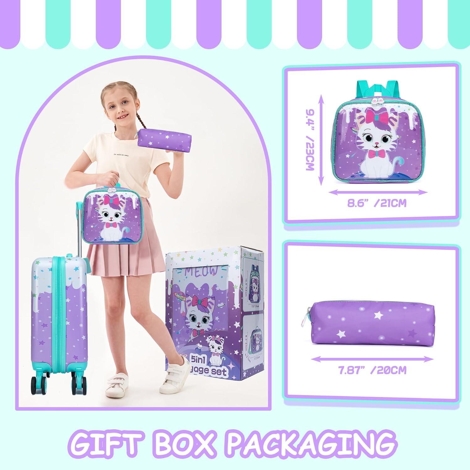 Cute Cat Kid’s Luggage Set 5 Piece Suitcase Set 16’’ Hardside Luggage with Spinner Wheels Girls Boys Carry on Toddler Luggage Travel Rolling Luggage Carry on Luggage Airline Approved - Image 6