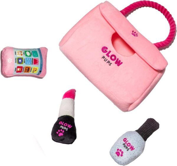 Hide and Seek Dog Toy, Pink Purse Plush Dog Toy with Squeakers, Crinkle Material & Rope Handle, Interactive Plush Lipstick, Cell Phone & Nail Polish Toys for Small Dogs - Pink/Fuchsia