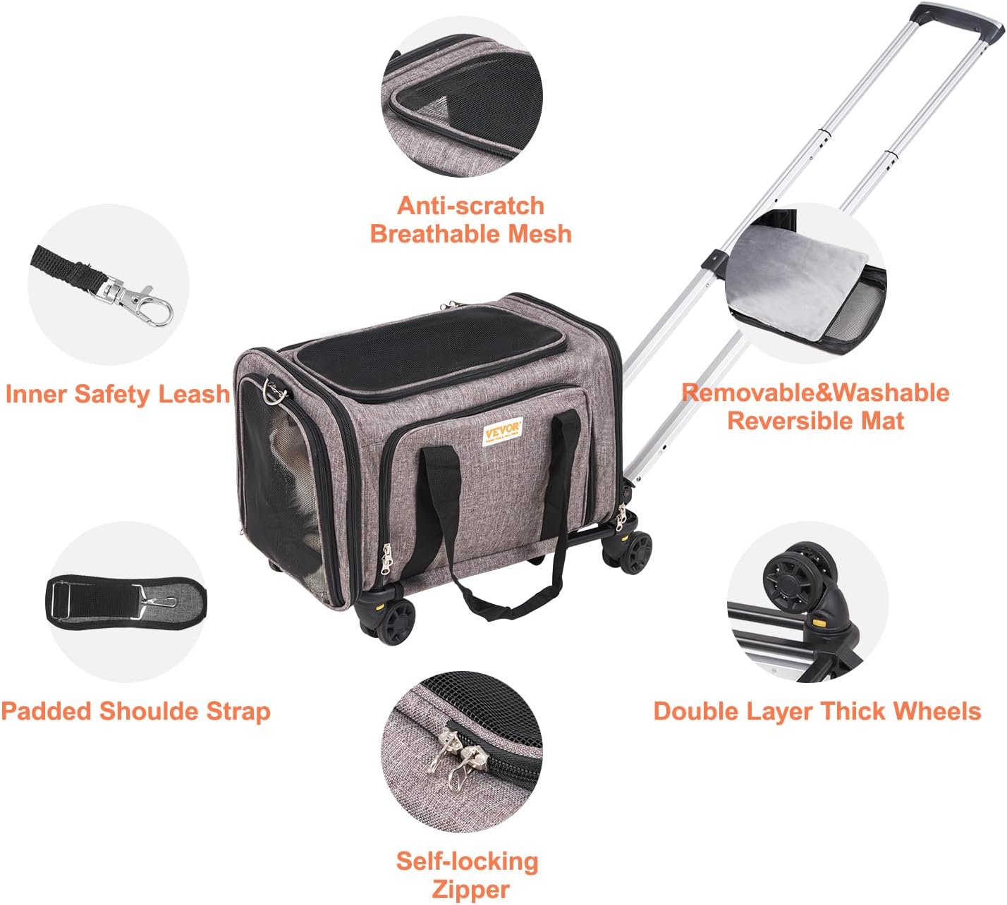 VEVOR Airline Approved Pet Carrier with Wheels, Expandable Rolling Cat Dog Carrier for Medium Dogs and Cats Under 25LBS, Pet Travel Carrier on Wheels with Upgraded Wheels and Telescopic Handle - Image 7