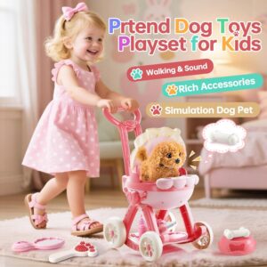 14PCS Dog Toys for Kids Girls,Electronic Pretend Puppy Stroller Playset for Toddler,Walking Barking Dog Toy & Feeding Accessories,Birthday Gift for Girls Boys Age 3 4 5 6 7 8 Year Old.