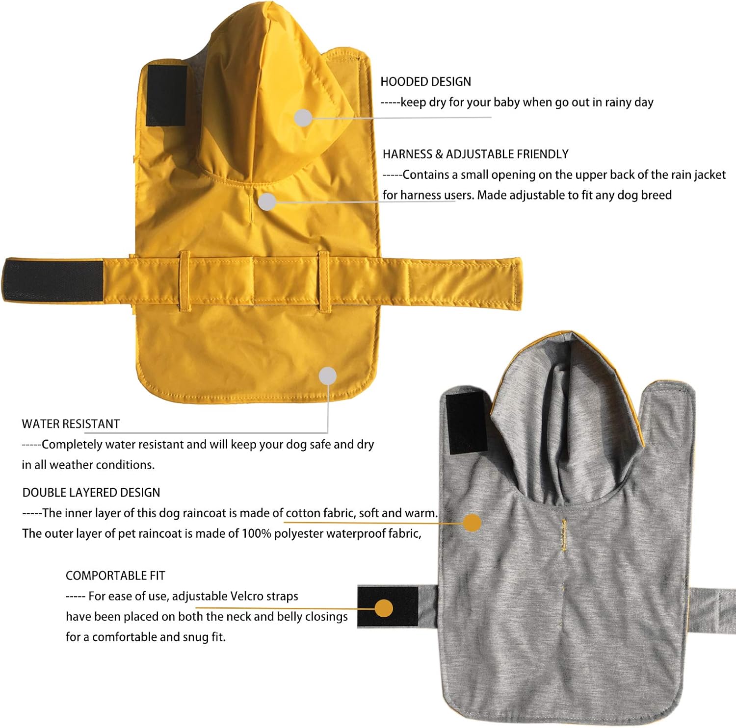 LeerKing Dog Raincoat Hooded Leash Hole 10 Sizes, Waterproof Double Layer Dog rain Coat Jacket with Lining for Small Medium and Large Dog,Yellow,XXS - Image 2