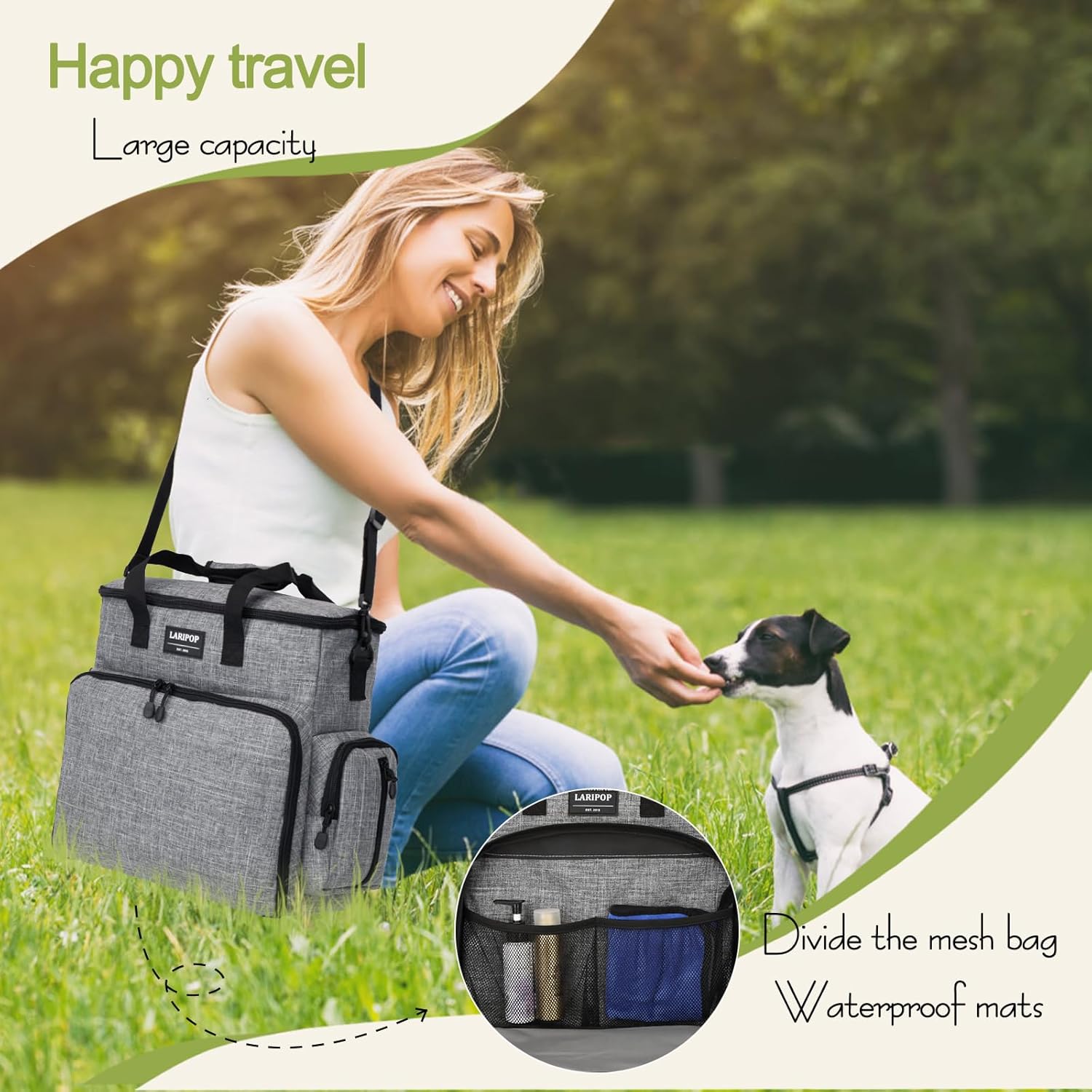 Dog Travel Bag,Weekend Pet Travel Bag Set for Dog and Cat,Airline Approved Tote Multi-Function Dog Bags for Traveling,Include 2 Collapsible Bowls,2 Food Storage Containers,1 Feeding Mat,Gray - Image 6