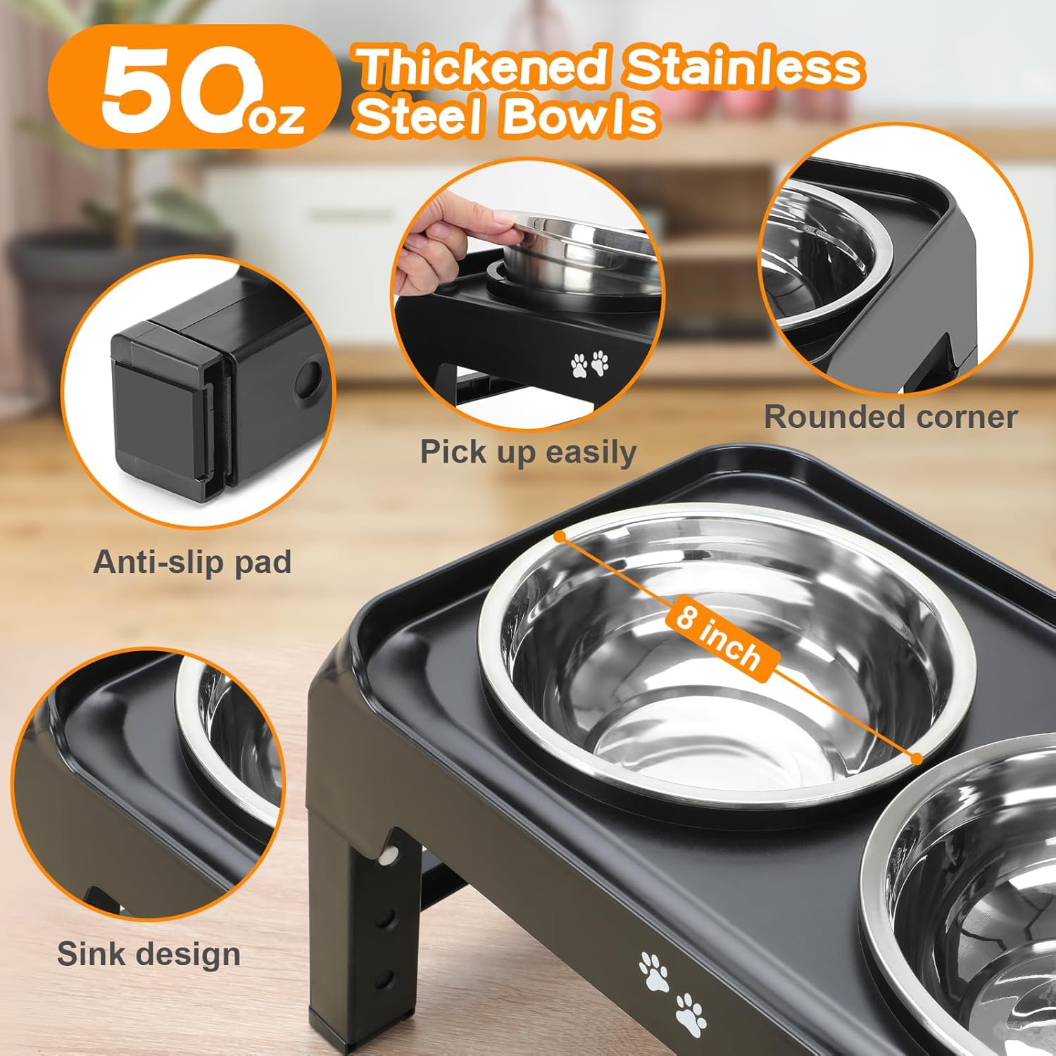 Elevated Dog Bowls, 4 Height Adjustable Raised Bowl Stand with 2 Thick 50oz Stainless Steel Food Bowls Non-Slip Feeder Adjusts to 3.7'', 9.2'', 10.75'', 12.36'' Black, (DB-W01) - Image 4