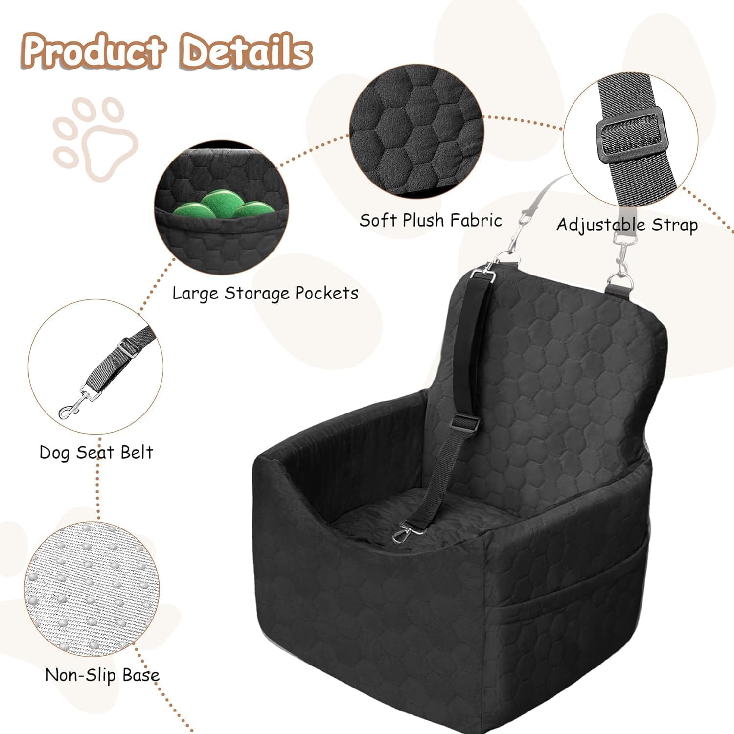 Dog Car Seat for Small/Medium Dogs - Dog Booster Seat with Safety Straps & Non-Slip Base, Travel Pet Car Seat with Storage Pockets, Washable & Removable, Suitable for Dogs Under 35 lbs (Black) - Image 3