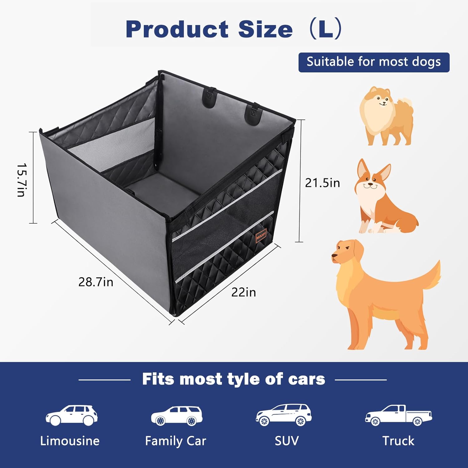 MIXJOY Dog Car Seat for Large Medium Dogs, Back Seat Extender for Pets, Waterproof Pet Carseat for Medium Sized Dog, Hammock for Pet, with Storage Pocket for Cars/SUV/Truck(L) - Image 5