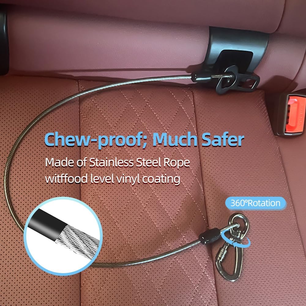 MiaoChuai 3-in-1 Dog Car Seat Belt Harness | Chew-Proof Steel Cable Leash with Heavy-Duty Buckle & Clip | Car Safety Restraint for Small, Medium, Large Dogs (Black, 24 inch/60 CM) - Image 4