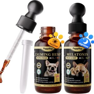 Dog Calming & Melatonin Drops, Day & Night Calm Support Set, Soothe Separation & Stress, Enhance Calmness & Sleep with Valerian Root, Ashwagandha, GABA, Melatonin, Bacon Flavor, 2 FL.Oz
