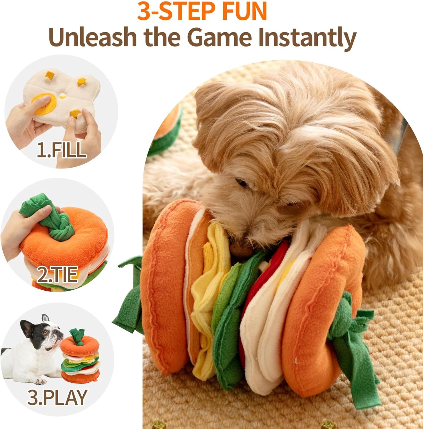 MEWOOFUN Snuffle Toy Ball for Smart Dogs - Interactive & Mentally Stimulating - Boredom busting Toys for Dogs - Hamburger Themed - Image 3