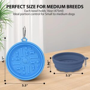 2-Pack Collapsible Dog Bowls with Suction Cups & Scraper – 16oz Travel Pet Bowls for Food/Water, Non-Slip Feeding Dish for Dogs, Includes Carabiner Clip Blue&Grey