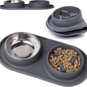 MalsiPree Cat & Dog Slow Feeder Bowl – Improve Digestion – Stainless Steel Water Bowl & Anti-Spill Silicone Mat – for Small & Medium Breeds – 15 oz - Puppy Slow Feeder