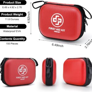 Mini First Aid Kit – 150 Piece Small Waterproof Hard Shell Medical Kit for Home, Car, Travel, Camping, Truck, Hiking, Sports, Office, Vehicle & Outdoor Emergencies- Small First Aid Medical Kit (Red)
