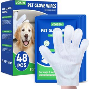 VOISEN 48 Pcs Pet Glove Wipes for Dogs and Cats, Cleaning & Deodorizing Bathing Grooming Wipes,Unscented Thick Nourish Fur Glove Wipes for Pet Dry Cleaning,Daily Care and Travel