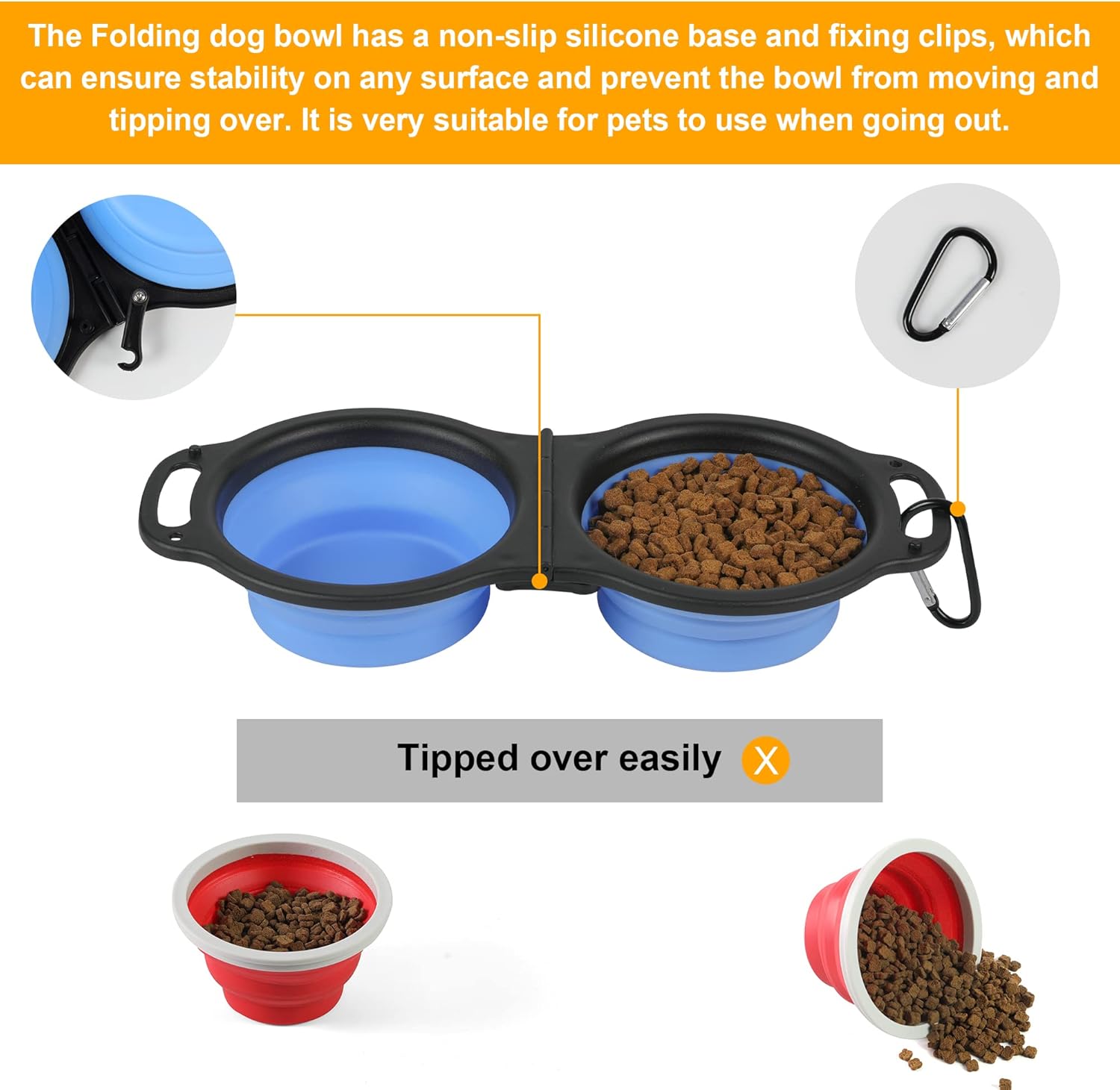 Collapsible Dog Bowls, Portable Travel Pet Feeder Bowl, 2 in 1 Expandable Silicone Pet Food & Water Double Bowl, Cat Feeder Dish with Carabiner for Walking, Traveling, Hiking, Camping - Image 5
