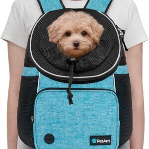 PetAmi Front Carrier Backpack for Dogs and Cats, Adjustable Ventilated Pet Chest Carrier for Hiking Camping Travel, Small Medium Dog Puppy Large Cat Carrying Bag, Max 10 lbs, Teal Blue