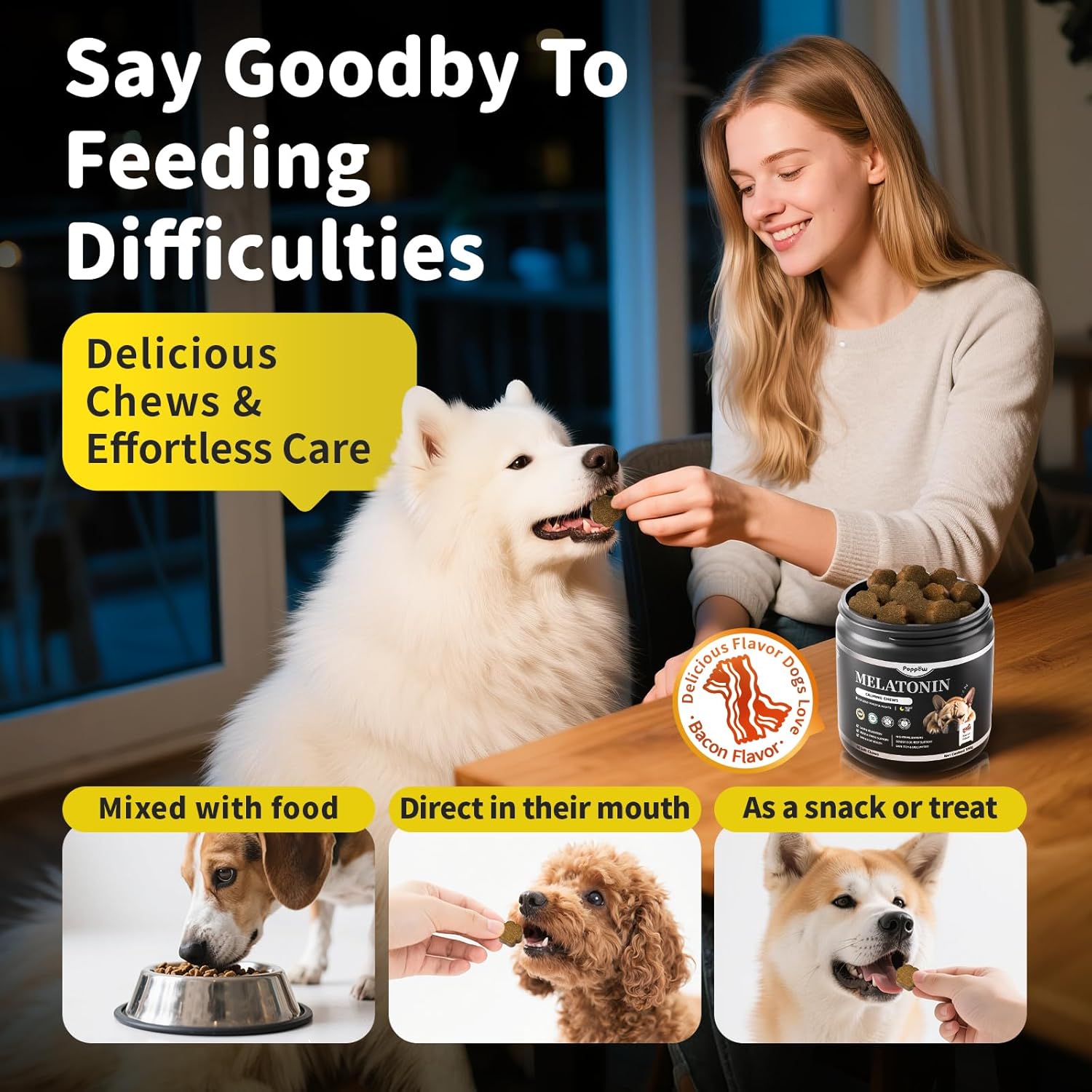 Melatonin for Dogs, Calming Chews with Valerian Root & L-Theanine for Sleep Aid & Emotional Support, Calming Treats for Stress Anxiety Relief - Thunder, Fireworks, Barking, Bacon Flavor, 90Ct - Image 5