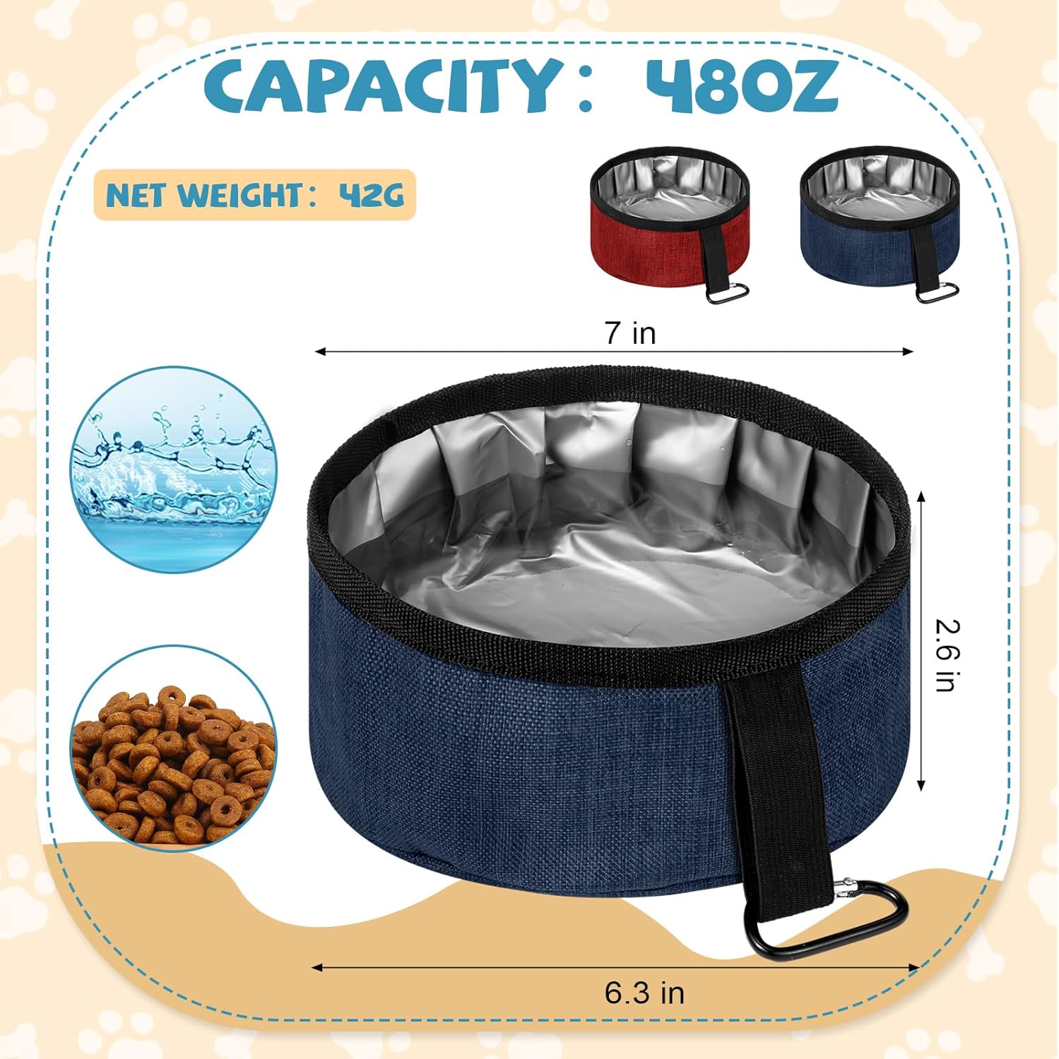 Meanplan 2 Pack Portable Dog Bowls Foldable Travel Dog Dish Portable Puppy Water and Food Bowl Pet Hiking Accessories for Small and Large Pets(Dark Blue, Red,40 oz) - Image 2