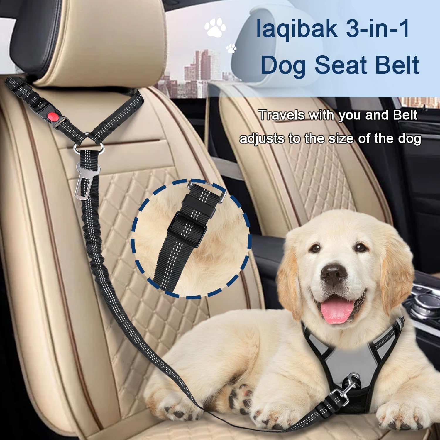 Dog Seat Belt for car, 3 Piece Set Retractable Dog Car Harness 2 Pack Adjustable Seatbelt for Dog in car, Nylon Pet Safety Seat Belts Tether Heavy Duty and Reflective car Leash, Black - Image 5