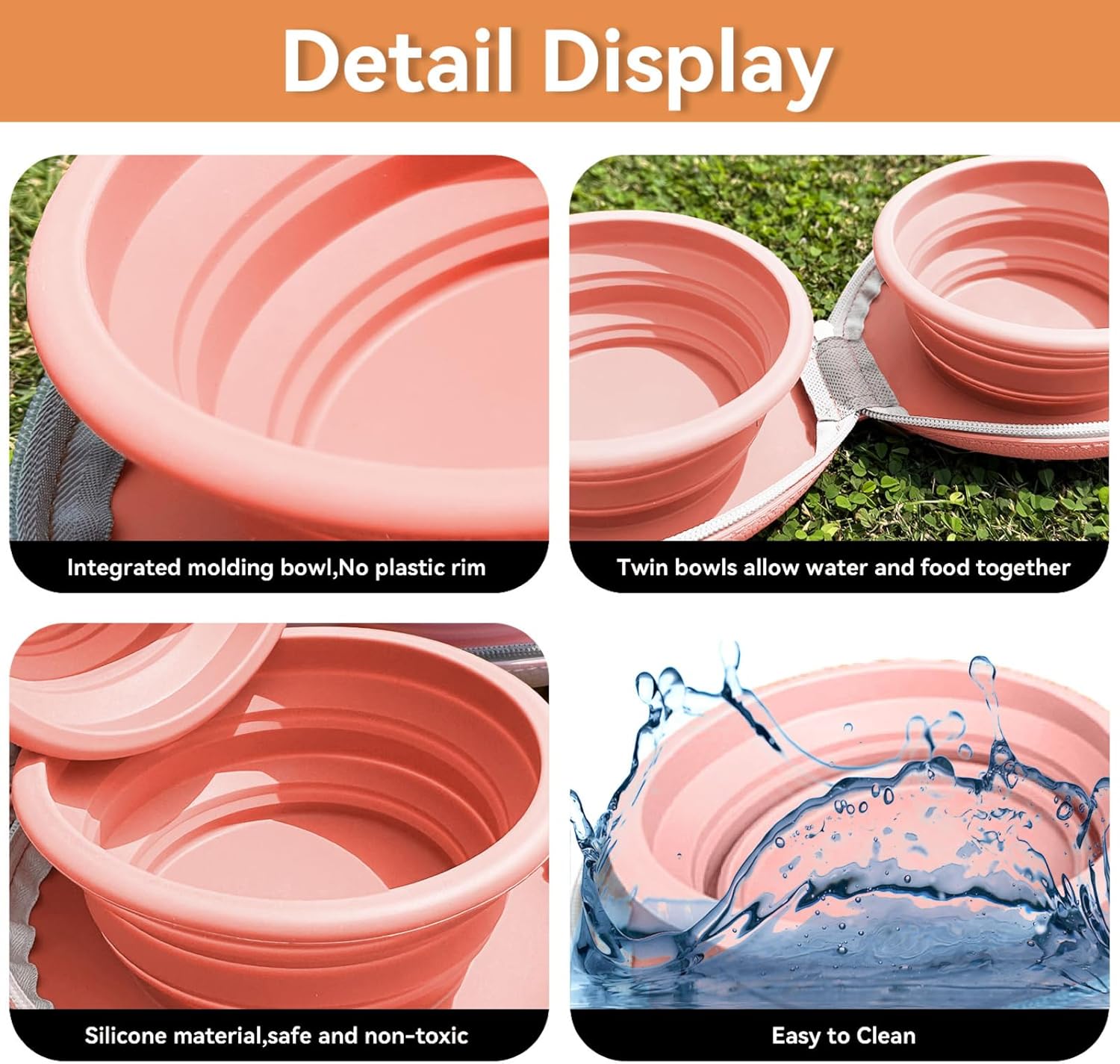 Collapsible 2-in-1 Dog Bowls: Leakproof Double Silicone Food & Water Bowl for Travel, Camping, Hiking - Portable Cat & Dog Feeding Supplies (Pink) - Image 5