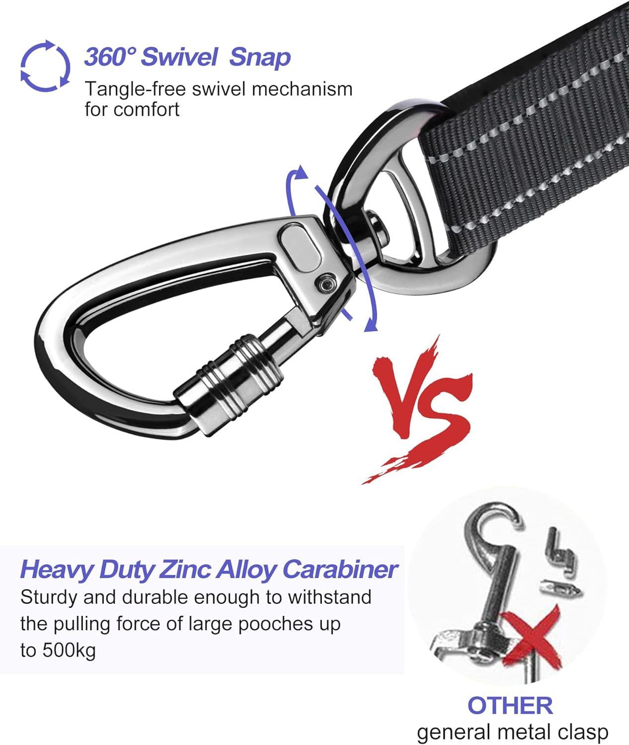 AUBELL Dog Seat Belt for Car,Updated 3-in-1 Adjustable Reflective Bungee Heavy Duty Dog Car Harness Tether with Clip Hook Latch & Buckle,Swivel Zinc Alloy Carabiner,Black - Image 7