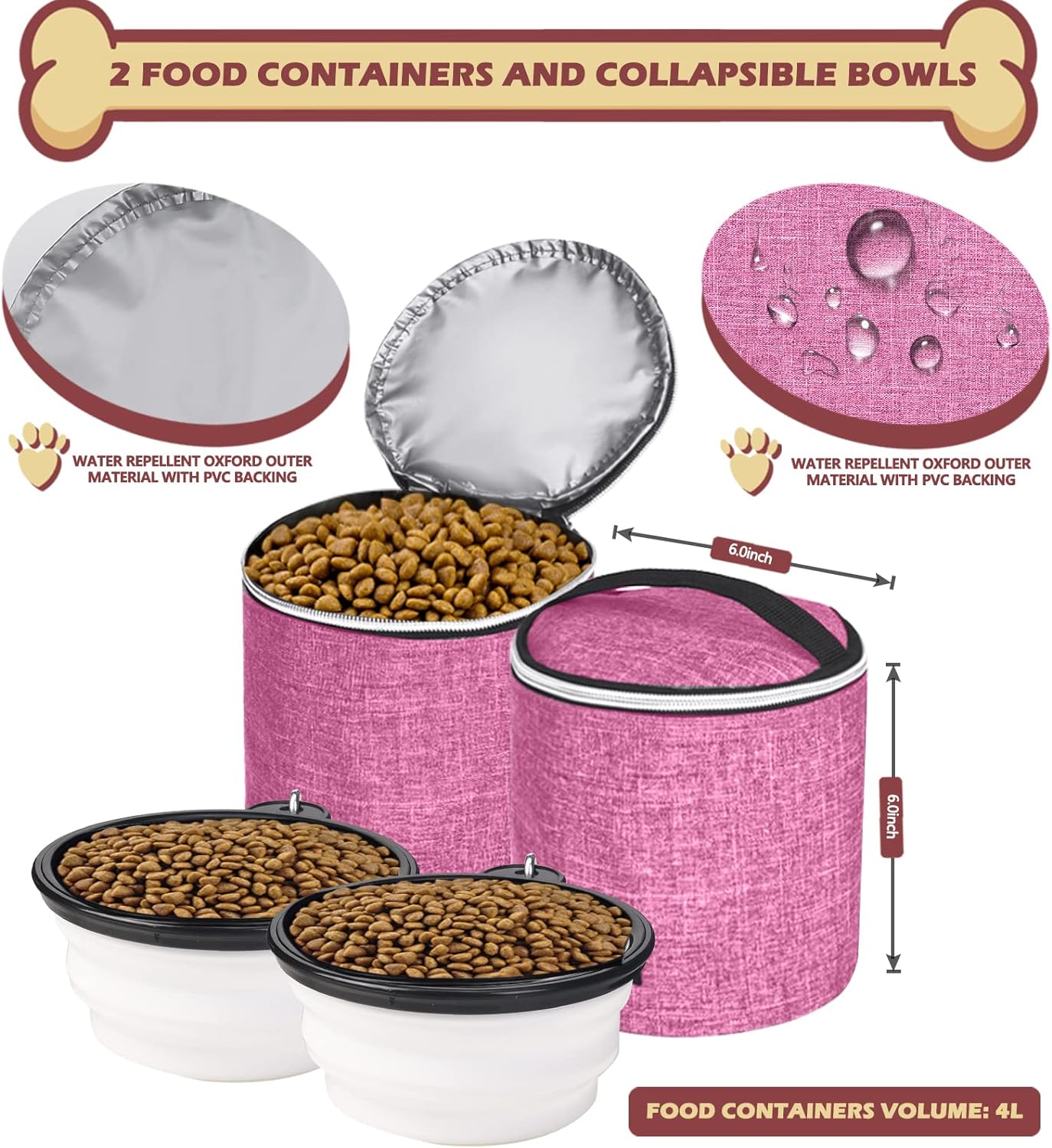 BAGLHER丨Dog Travel Bag Backpack, Airline Approved Pet Supplies Backpack, Dog Travel Backpack with 2 Silicone Collapsible Bowls and 2 Food Baskets Pink - Image 4