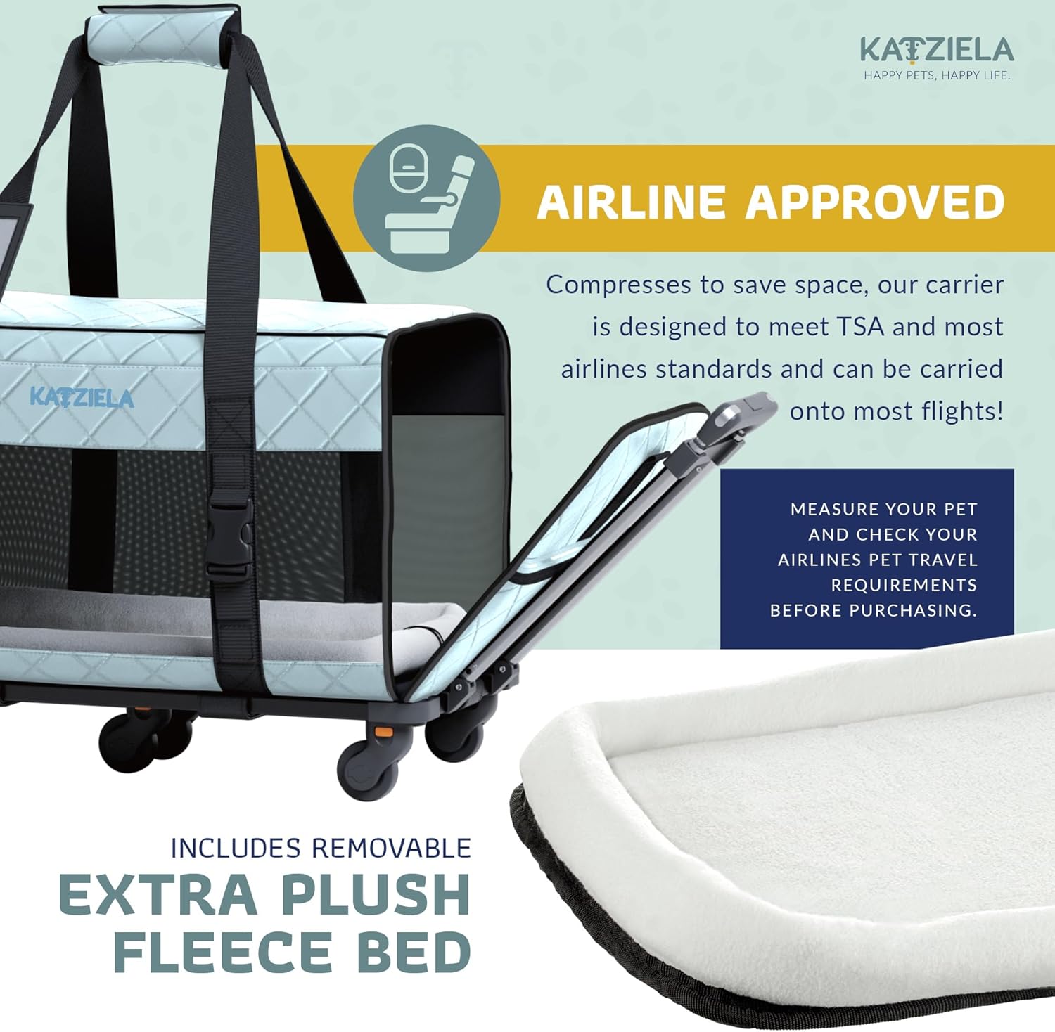 Pet Carrier Airline Approved - Dog Carrier with Wheels - TSA Airline Approved Dog Carrier - Rolling Pet Carrier with Wheels for Small to Medium Size Cat or Dog - Airplane Cabin Animal (Blue) - Image 5