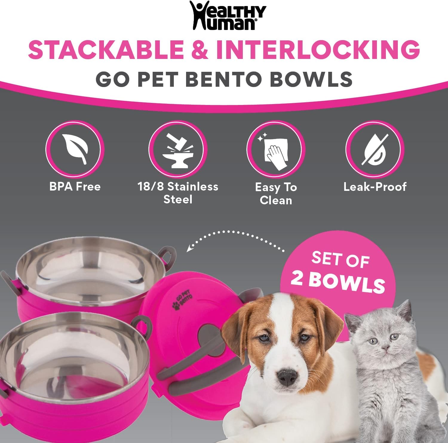 Healthy Human Travel Pet Bento Bowls - Human-Grade Stainless Steel & BPA-Free, Leak-Proof Water & Food Container Set for Dogs & Cats, 2-Pack Interlocking Bowls, Includes Spare Clips & Handle (Pink) - Image 4
