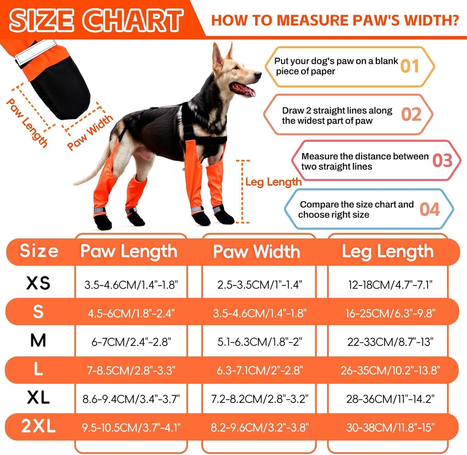 Dog Suspender Boots, Waterproof Tall Dog Rain Booties, Anti-Dirt Pet Legging Boots Paw Protector 4-Legged Shoes, Adjustable Snow Pants with Boot for Medium Large Dogs Outdoor Walking Hiking(S,Orange) - Image 2