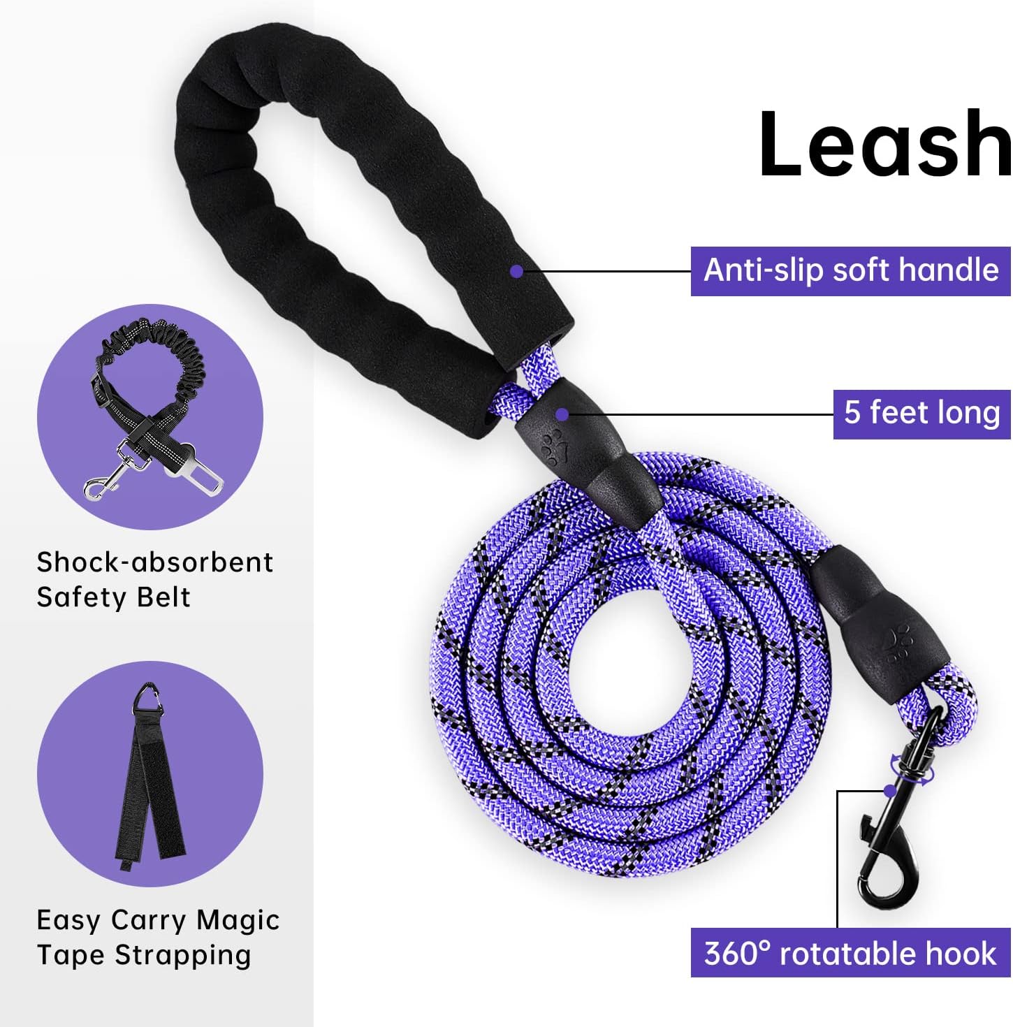 IVY&LANE No Pull Dog Harness for Medium Dogs, Dog Vest Harness with Leash, Safety Belt and Storage Strap, Fully Adjustable Harness, 360° Reflective Strip, Soft Handle (Purple, M) - Image 3