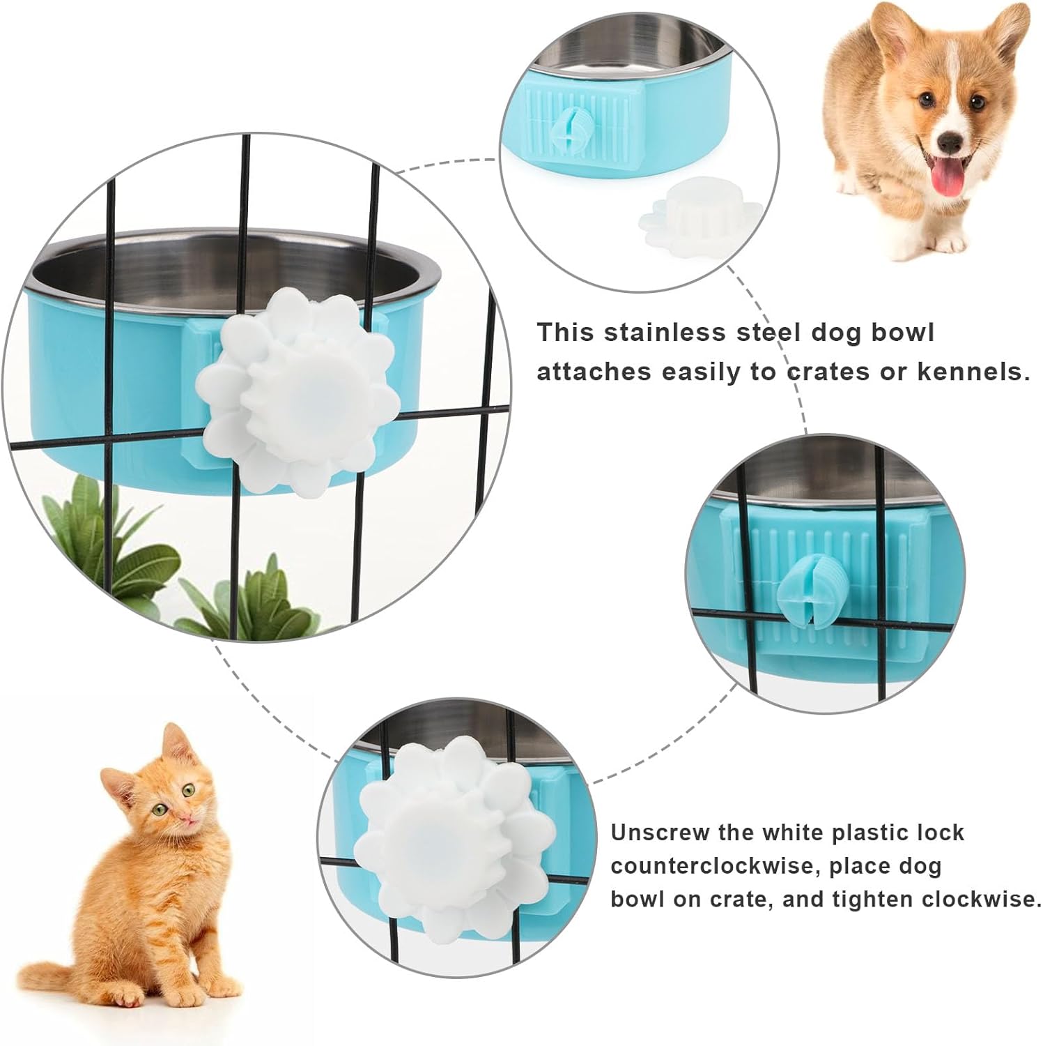 Crate Dog Bowl,Removable Stainless Steel Kennel Water Hanging Food & Water Feeder Crate Water Bowl No Spill for Puppy,Cat,Rabbit,Guinea Pig (Blue) - Image 5