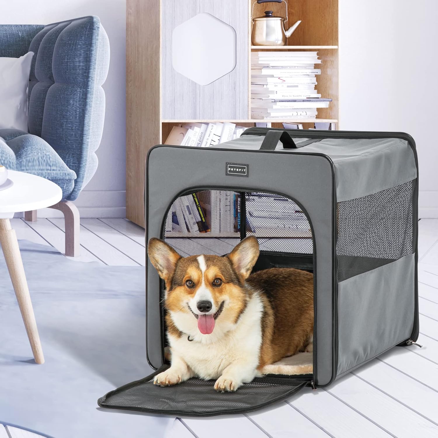 PETSFIT Portable Dog Crate, Travel Dog Crate - 24 Inch with Thicken Mat, Easy to Fold, Sturdy and Portable, Perfect for Traveling, Soft Dog Kennel Grey - Image 6