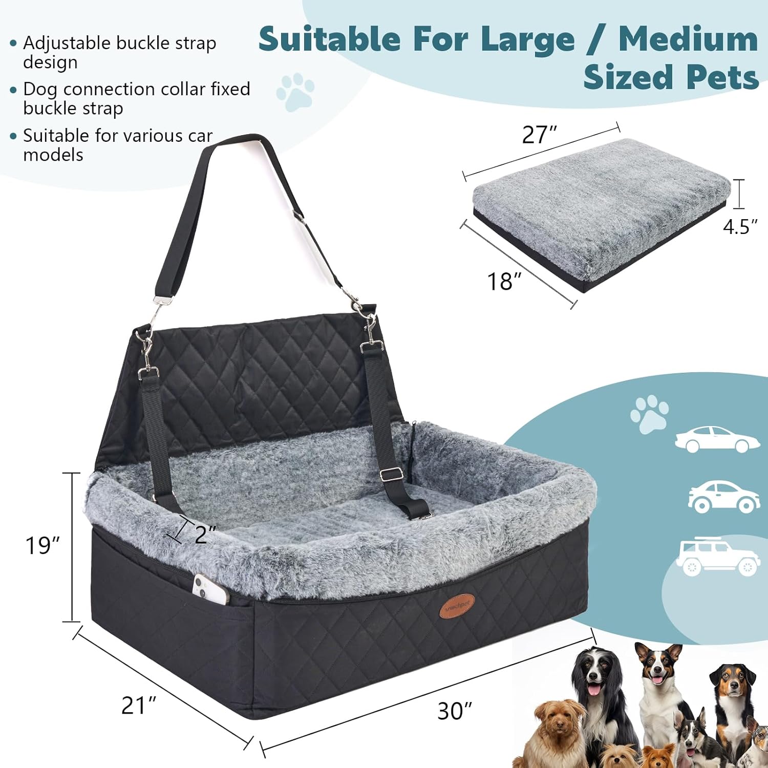 Dog Car Seat for Large/Medium Pet, Anti Slip Bottom Dogs Booster Seat for All Seasons,Pet Travel Bed with Thick Dog Sofa Cushion,2 Safety Leashes(Black) - Image 4