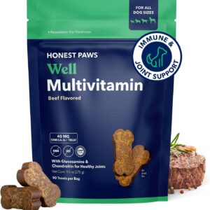 Honest Paws (90 Count) Dog Multivitamin Soft Chews with 10 Essential Vitamins - Joint, Coat, Immune, Eye & Heart Support - with Glucosamine, Chondroitin & Omega-3 - Beef Flavor