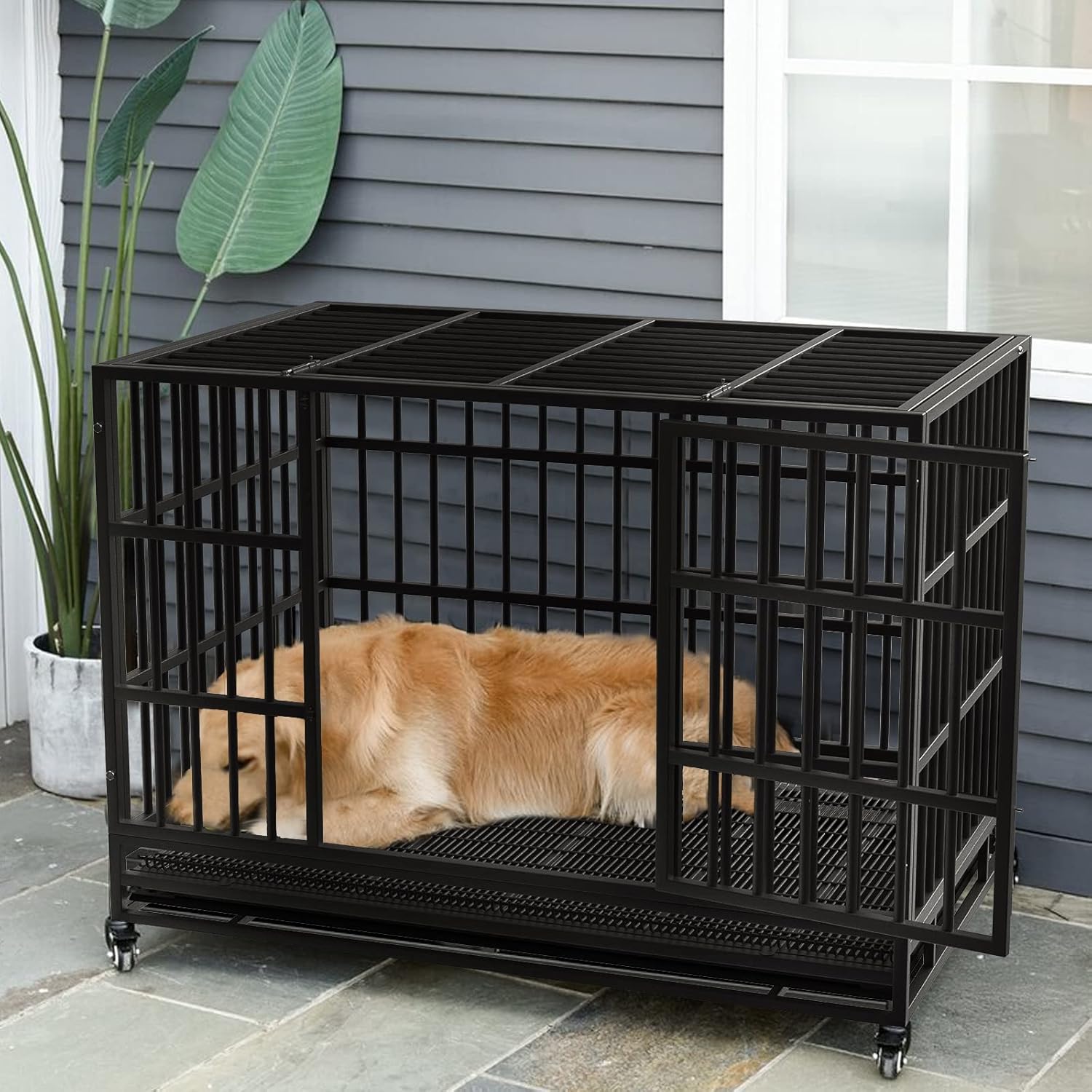 LEMBERI 48/38 inch Heavy Duty Indestructible Dog Crate, Escape Proof Dogs Cage Kennel with Lockable Wheels,High Anxiety Double Door Kennel,Extra Large Crate Indoor for Large Dog with Removable Tray - Image 9