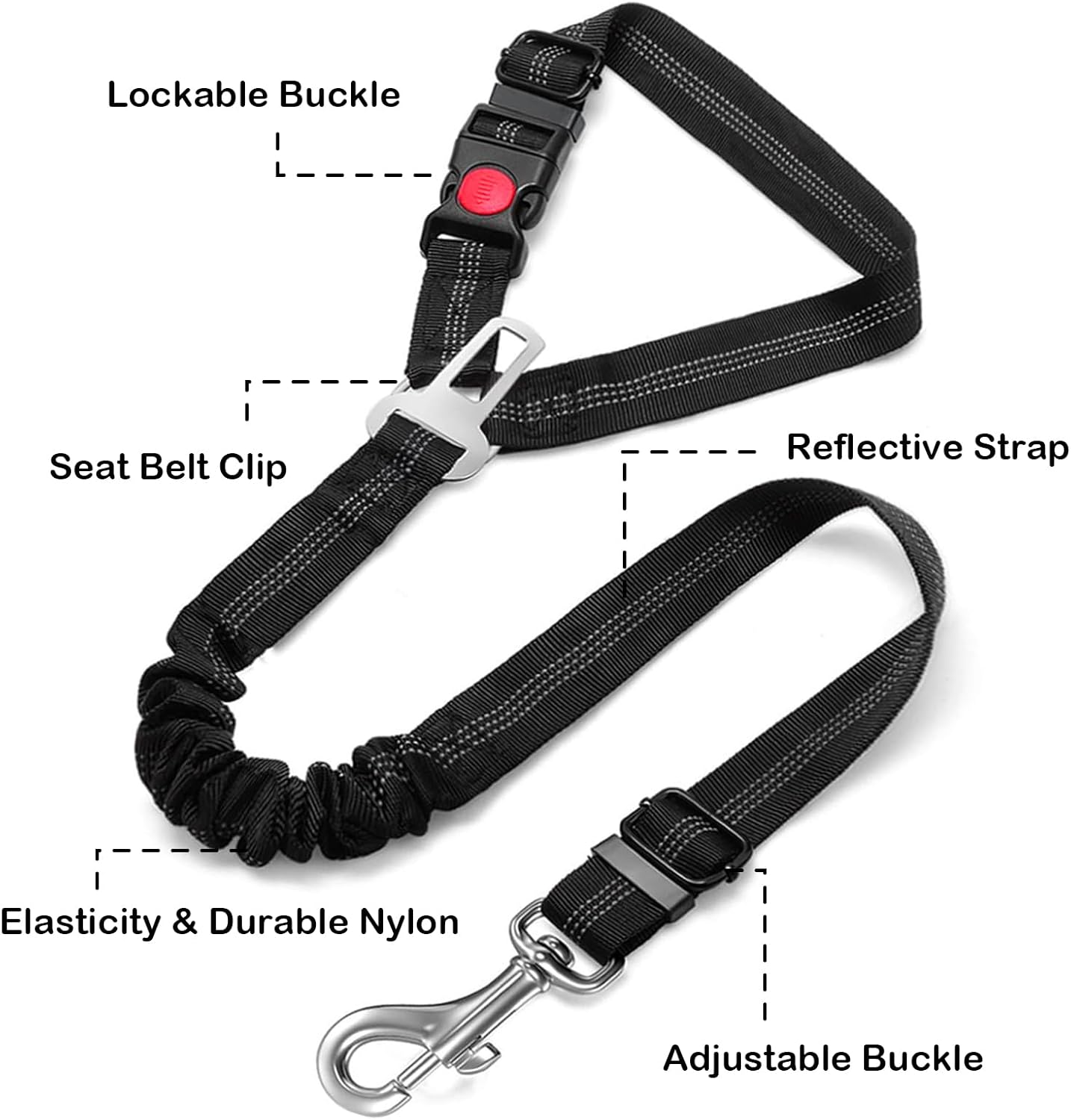 Removable Dog Seat Belt Harness for Car, 3 in 1 Pet Car Seatbelt Leash, Retractable Restraint Secures to Vehicle Headrest & Adjustable Reflective Dog Seatbelt Tether (Black, 1pcs) - Image 7
