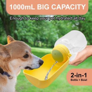 Portable Dog Water Bottle with Collapsible Bowl – Lightweight Water Dispenser for Pets – Leak-Proof, Foldable Design for Large Dogs, Perfect for Travel, Hiking & Walks (Yellow, 1000ml)