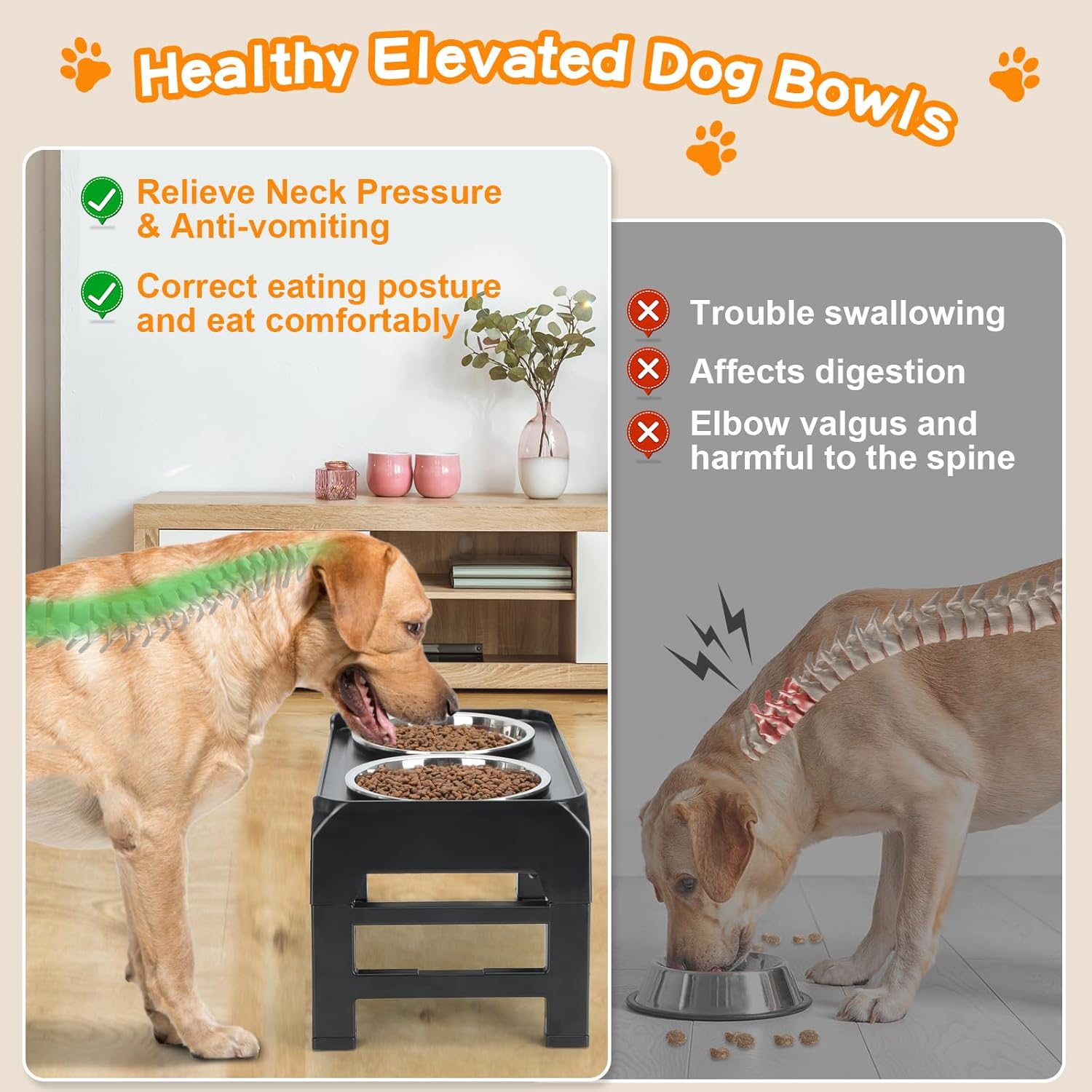 Elevated Dog Bowls, 4 Height Adjustable Raised Bowl Stand with 2 Thick 50oz Stainless Steel Food Bowls Non-Slip Feeder Adjusts to 3.7'', 9.2'', 10.75'', 12.36'' Black, (DB-W01) - Image 3