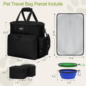 Dog Travel Bag,Weekend Pet Travel Bag Set for Dog and Cat,Airline Approved Tote Multi-Function Dog Bags for Traveling,Include 2 Collapsible Bowls,2 Food Storage Containers,1 Feeding Mat,Black