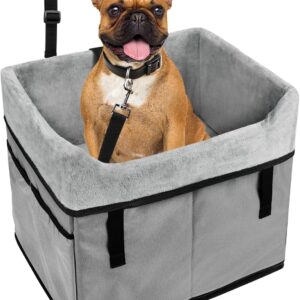 Vivifying Dog Car Seats for Small Dogs, Portable Dog Booster Car Seat with Storage Pockets and Safety Belt, Comfortable Travel Bed for Small Pets Up to 25lbs (Gray)