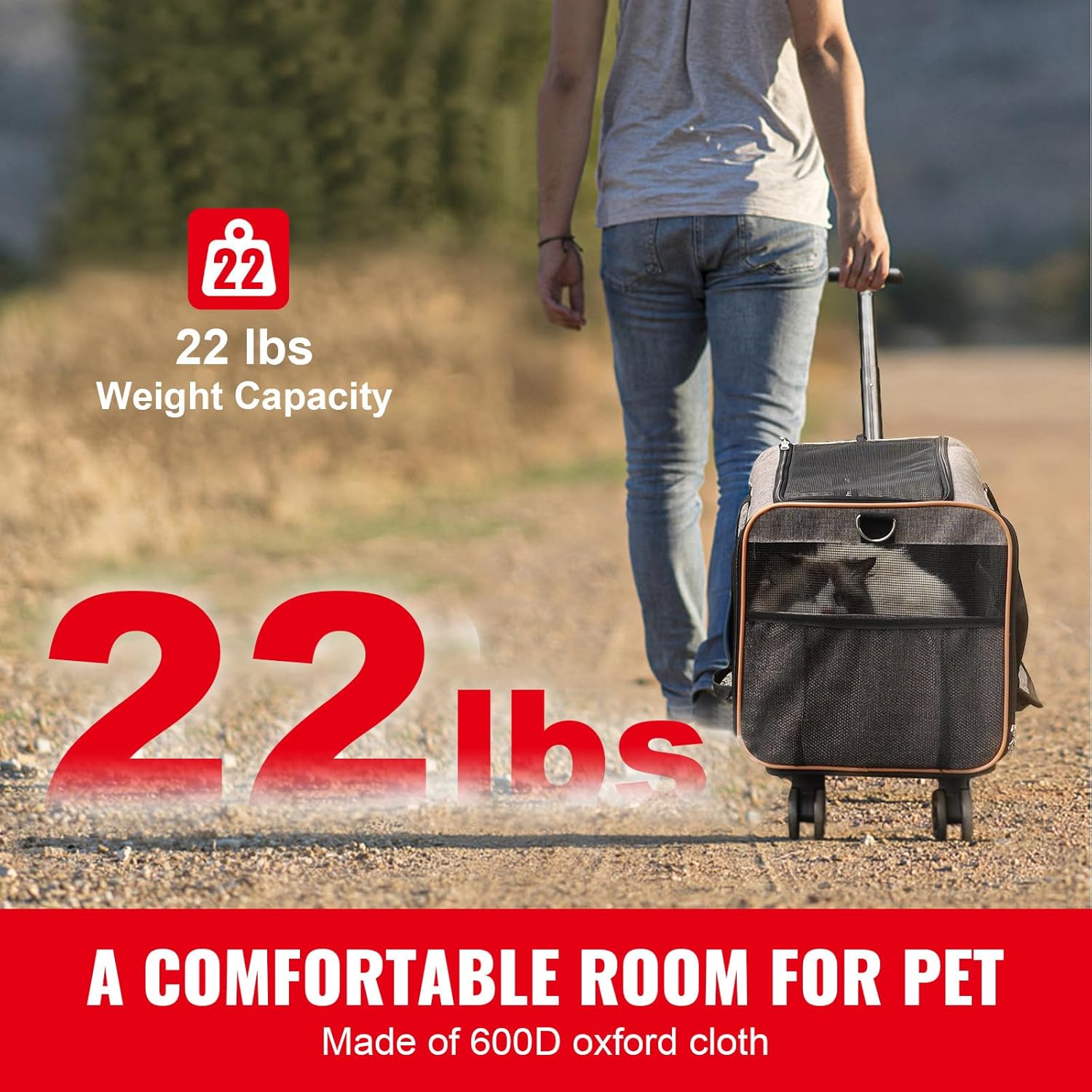 Happybuy Cat Carrier with Wheels, Airline Approved Rolling Pet Carrier with Telescopic Handle and Shoulder Strap, Holds Pets up to 22 lbs, Includes Folding Bowl, Grey - Image 3